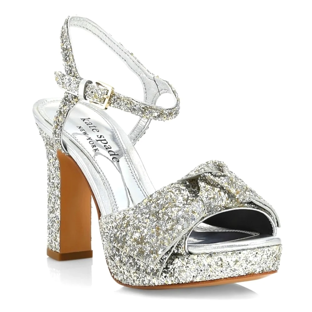 Kate Spade Miya Silver Glitter Bow Ankle Wrap Open Toe Platform Sandal Heel 7.5